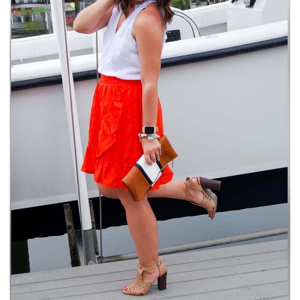J Crew Linen Citrus Orange Classic Ruffled Faux Wrap Skirt Knee Length Women 8 M